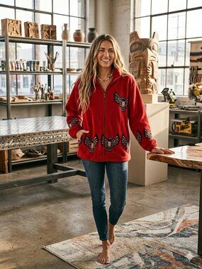 Red First Nations Fleece Jacket with Embroidered Eagle Motif